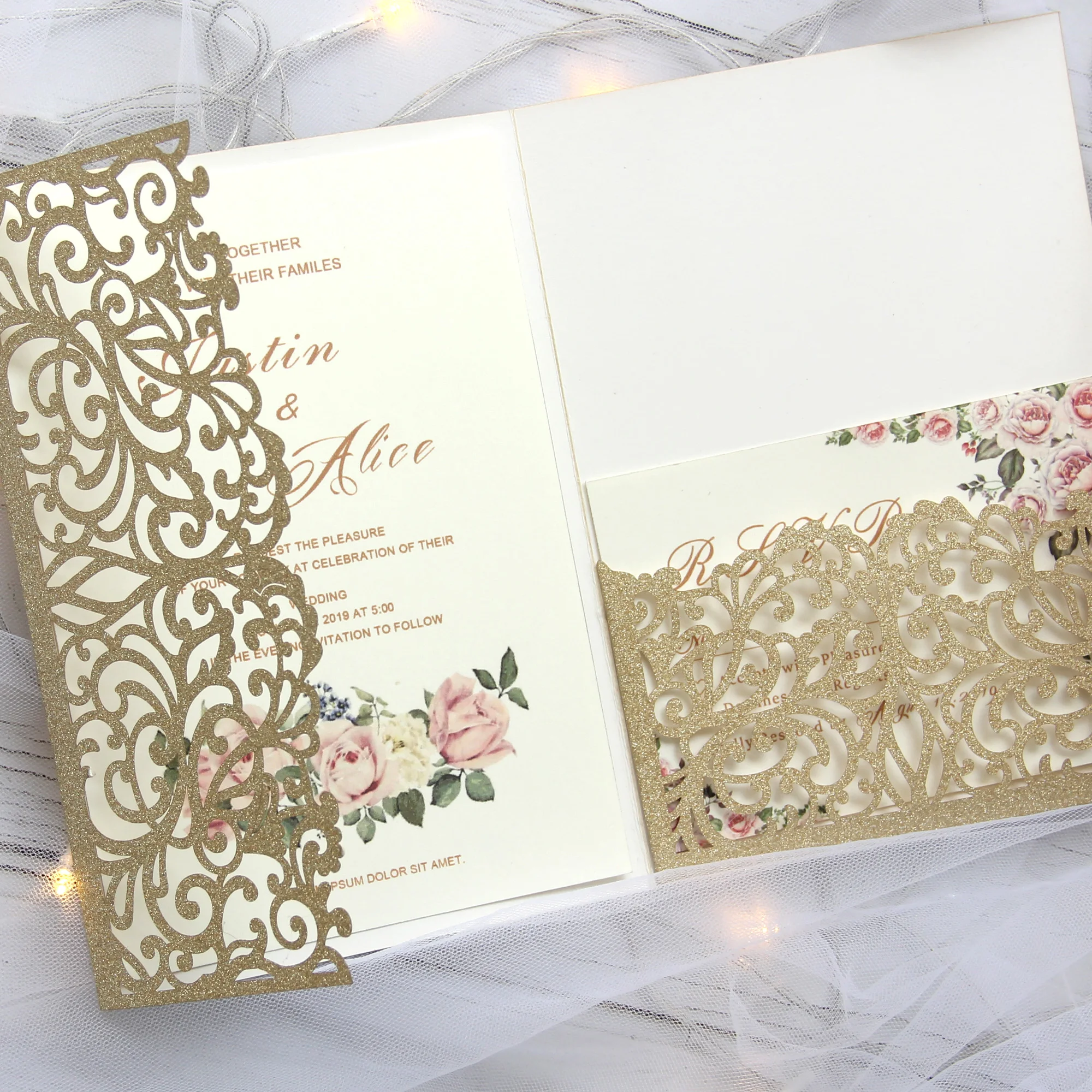 Print custom Laser Cut Wedding Invitations Cards glittery invitations set with RSVP envelop belly band tri-fold pocket invites | Дом и сад