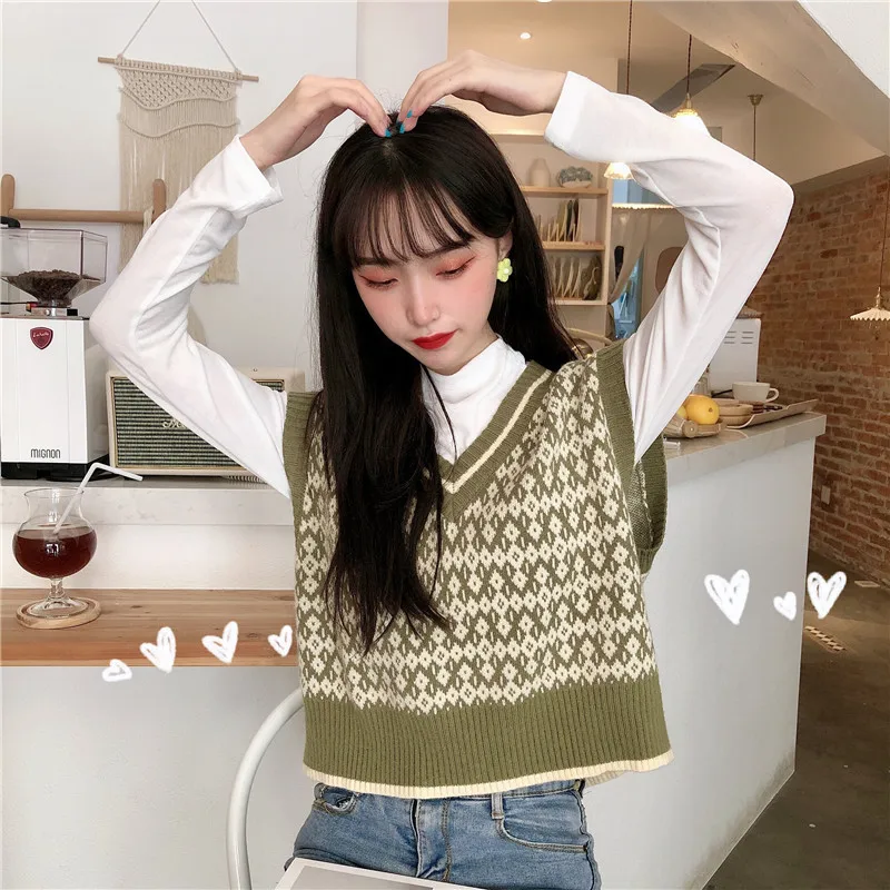 

Sleeveless Knitted Vest Sweater 2020 Autumn and Winter New Personality Loose V-neck Waistcoat Ladies Short Vest Outer Plaid Vest