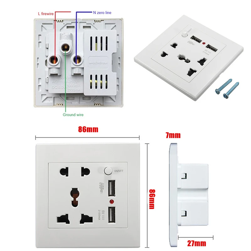 

Professional 1000mA USB output 2 Ports USB Outlet Wall Socket DC 5V 2100mA PC Flame-resistant shell Wall Charger White