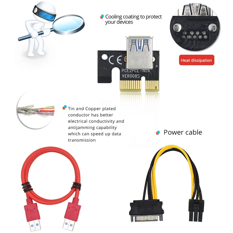 

6Pcs PCI-E Riser 009S Plus Card PCIE PCI E Extender GPU X16 USB 3.0 to 6Pin Adapter Cable Riser for Video Card Mining