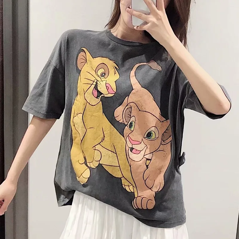 

Disney T-Shirt Short-Sleeved Cotton Cartoon Lion King Print T Shirt O Neck 2021 Kawaii Casual Tshirt Tops Tee Shirt Femme
