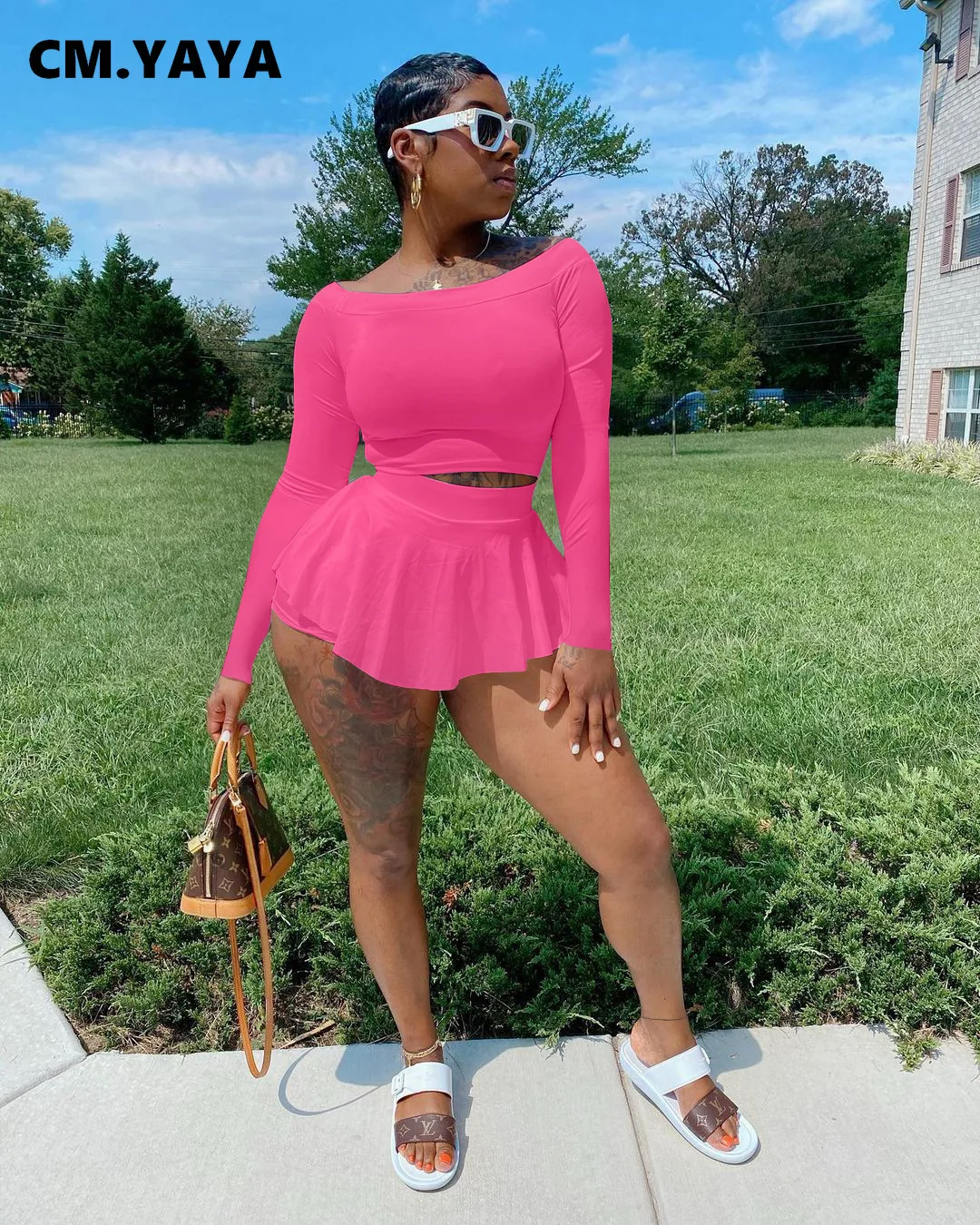 Женский комплект из двух предметов CM.YAYA однотонный облегающий укороченный Топ с