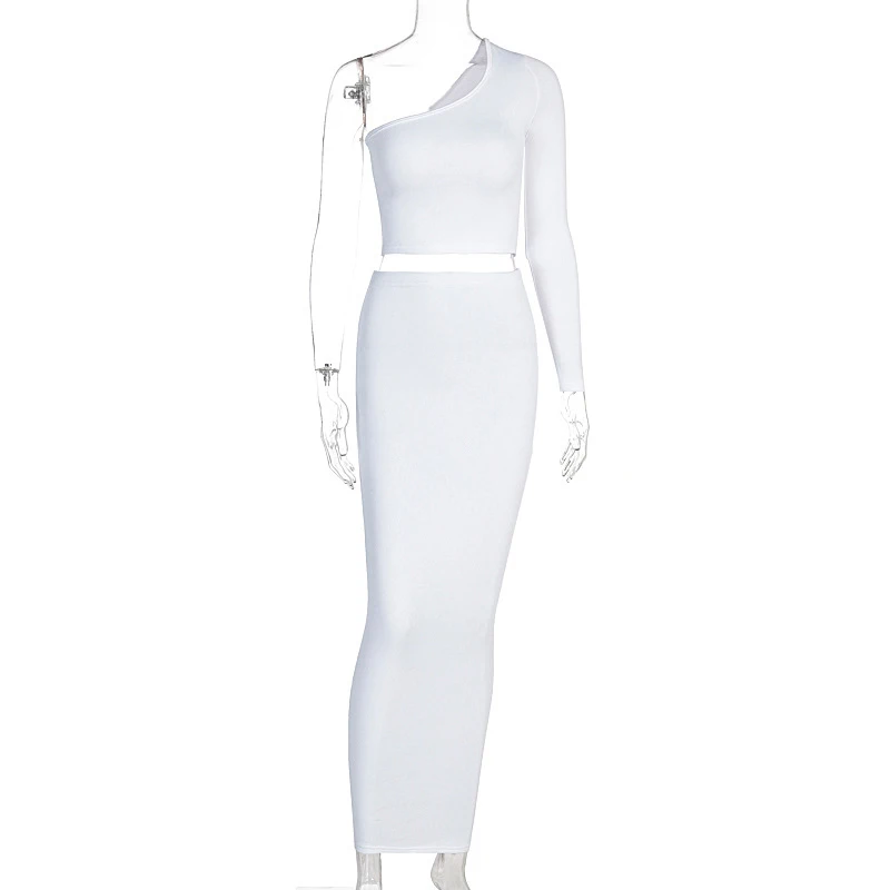 

Office Two Piece Set Women Elegant Top Long Sleeve One Shoulder And Midi Skirt Bodycon Sexy Streetwear Autumn Ladies