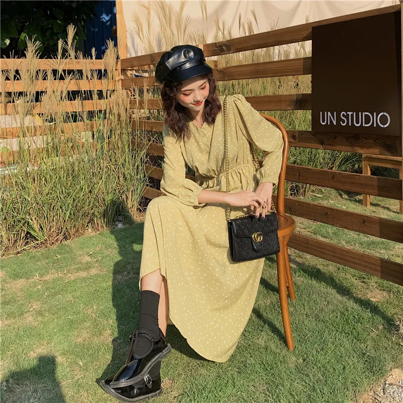 

Women Chiffon Dress 2020 Spring Summer New Fashion Female Long Sleeve Vintage Print Floral A-line Dress Casual Dresses