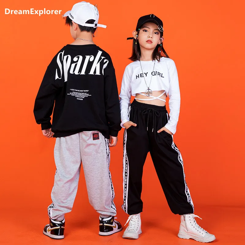 

Boys Hip Hop Sweatshirts Sweatpants Girls Street Dance Letters Crop Top Joggers Kids Stage Clothes Sets Child Costumes Outfits