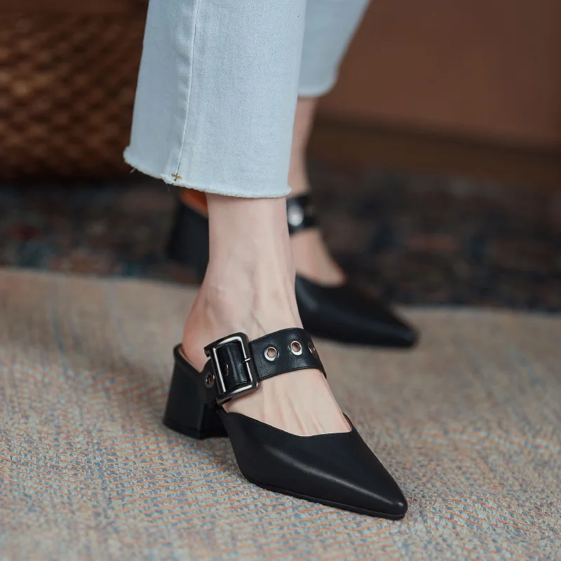

thick high heel women leather sandals vintage pointed toe narrow band high heels sandals women summer party shoes women slippers