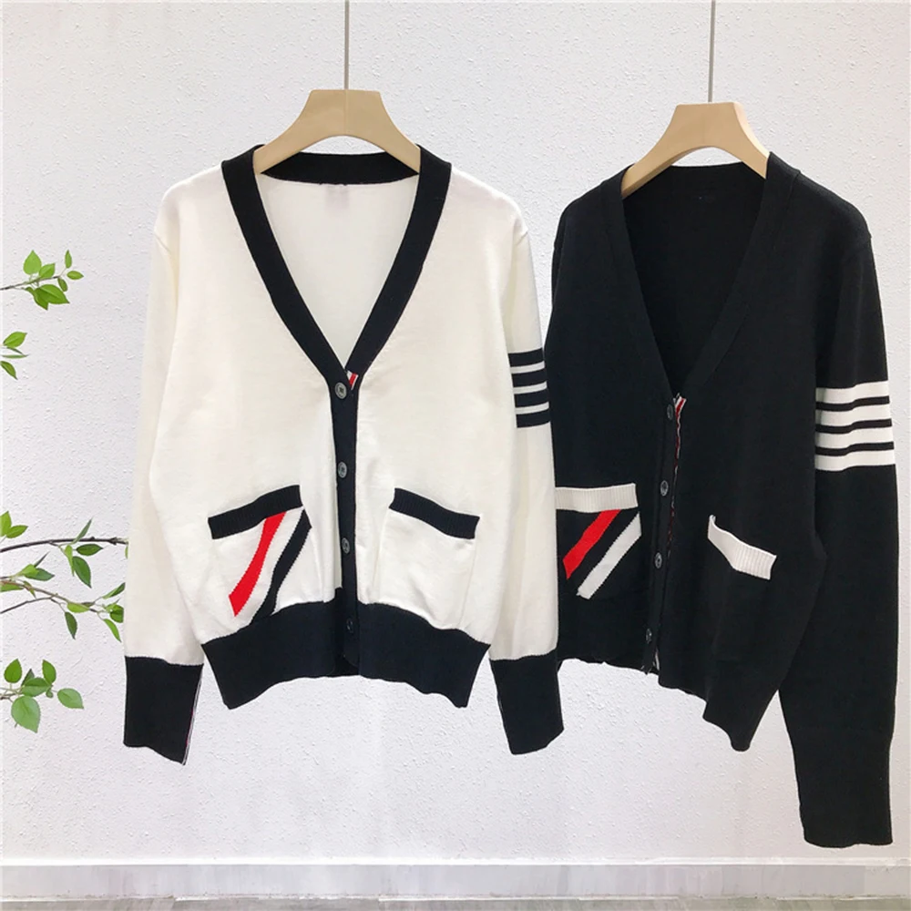 

TB Fashion Brand Thom Women Sweaters Slim Fit V-Neck Striped Cardigans Clothing Striped Cotton Wool Casual Coat England Style