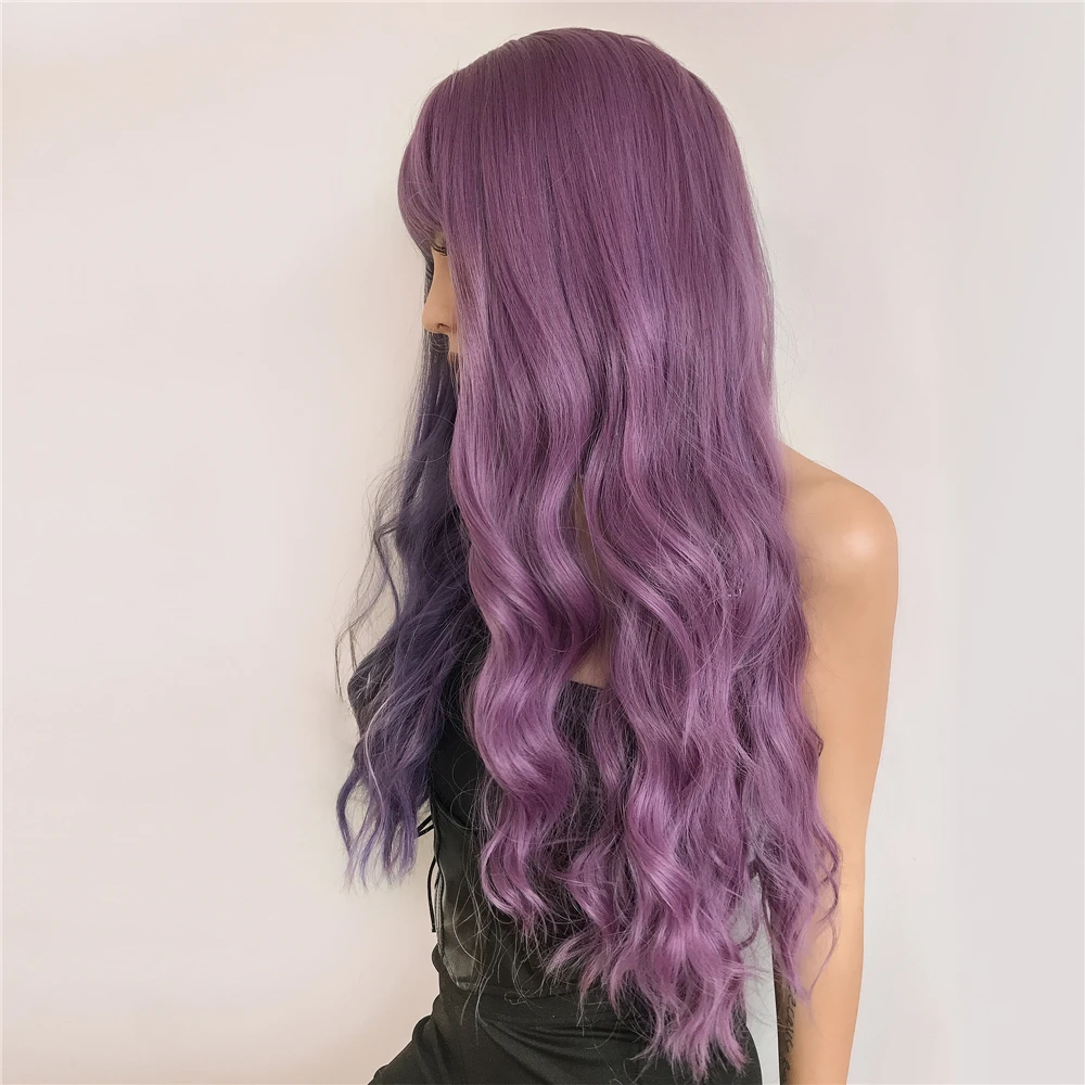 Purple Long Wavy Synthetic Wig with Bangs Cosplay Christmas Halloween Hair Two Tone Ombre Wig For Women Deep Wave Heat Resistant