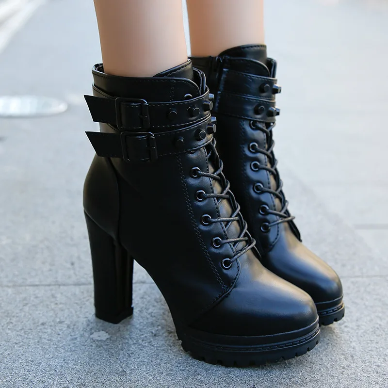 

Women's Lace Up High heels Woman Metal rivet Female Footwear Ladies Shoes Women Platform Motorcycle Ankle Boots Large size