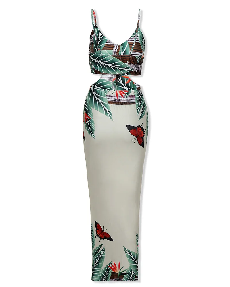 

2020 Women Sexy Midi Dresses Party Sleeveless V-Neck Spaghetti Strap Tropical Print Cutout Dress
