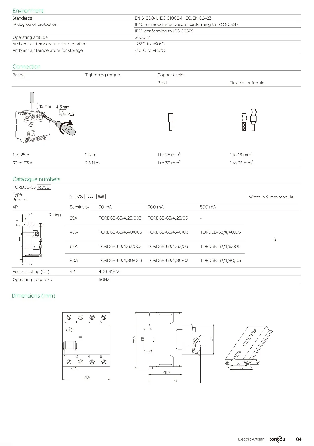 2P 4P 63 ампер Тип B 10KA RCCB RCD 230 В 400 в 30 мА УЗО TORD6B-63