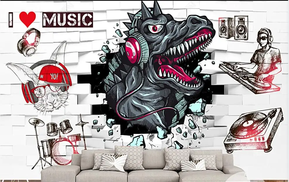 

3d фото обои на заказ настенная стенка вырвать из динозавра музыка кирпичная стена Декор спальни обои для стен в рулонах