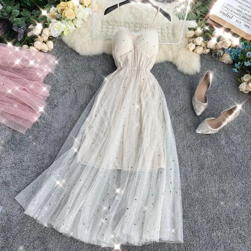 Весна лето 2020 Милая юбка на подтяжках с блестками v образным вырезом груди