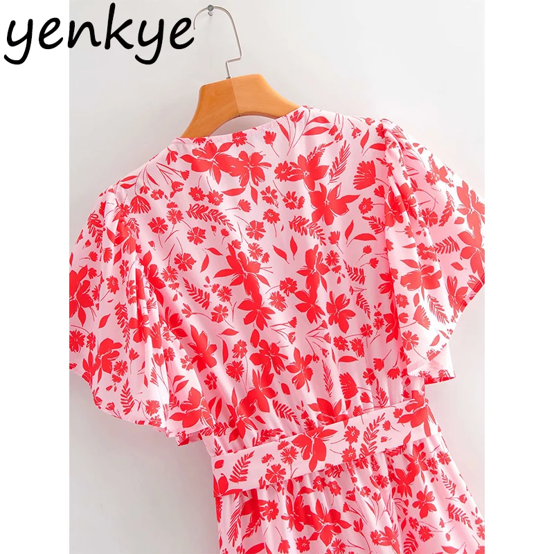 

Summer Dresses Women Red Floral Print Dress Elegant Lady V Neck Short Sleeve Sashes A-line Long Dress Plus Size SYJZ542