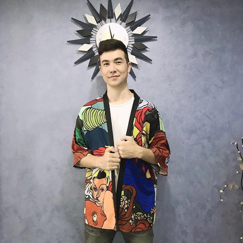 Kimono Man Japanese Clothing Samurai Custume Yukata Male Jacket Asian Style Streetwear Haori Men Obi FF3014 | Тематическая одежда