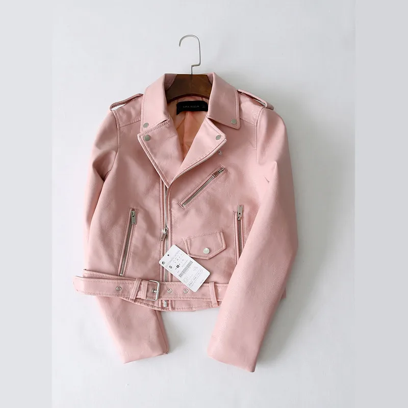 Enlarge 7 Color Women Short Faux PU Leather Jacket Plus Belt Pink Yellow Slim Lapel Streetwear Long Sleeve Biker Jacket Spring Autumn