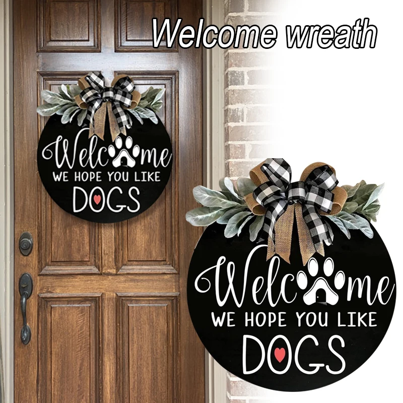 

Welcome Sign Wreath Front Door Hanger with Bow 16 Inch Round Outdoor Hanging Vertical Sign Home Decoration 16x16inch TB