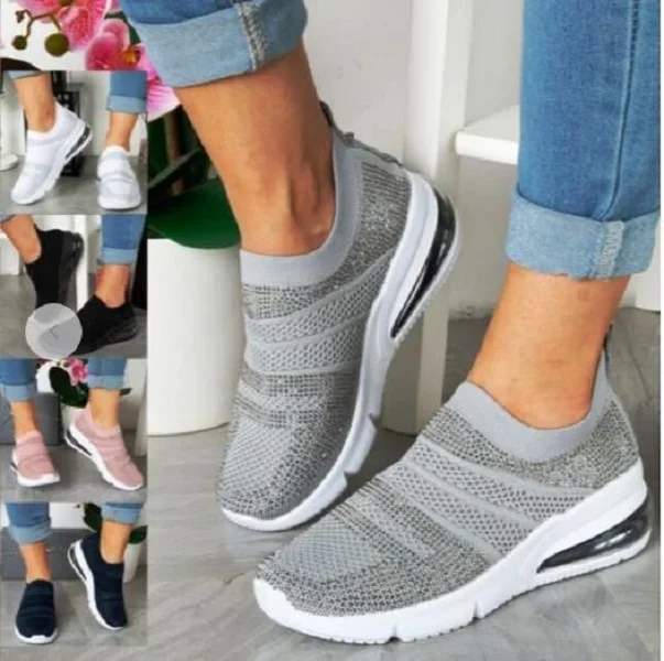 

Running Sports Shoes Summer Women Lady Casual All-Match Bling Rhinestone Flying Knitted Woven Mesh Air Soft Sneakers Increasing