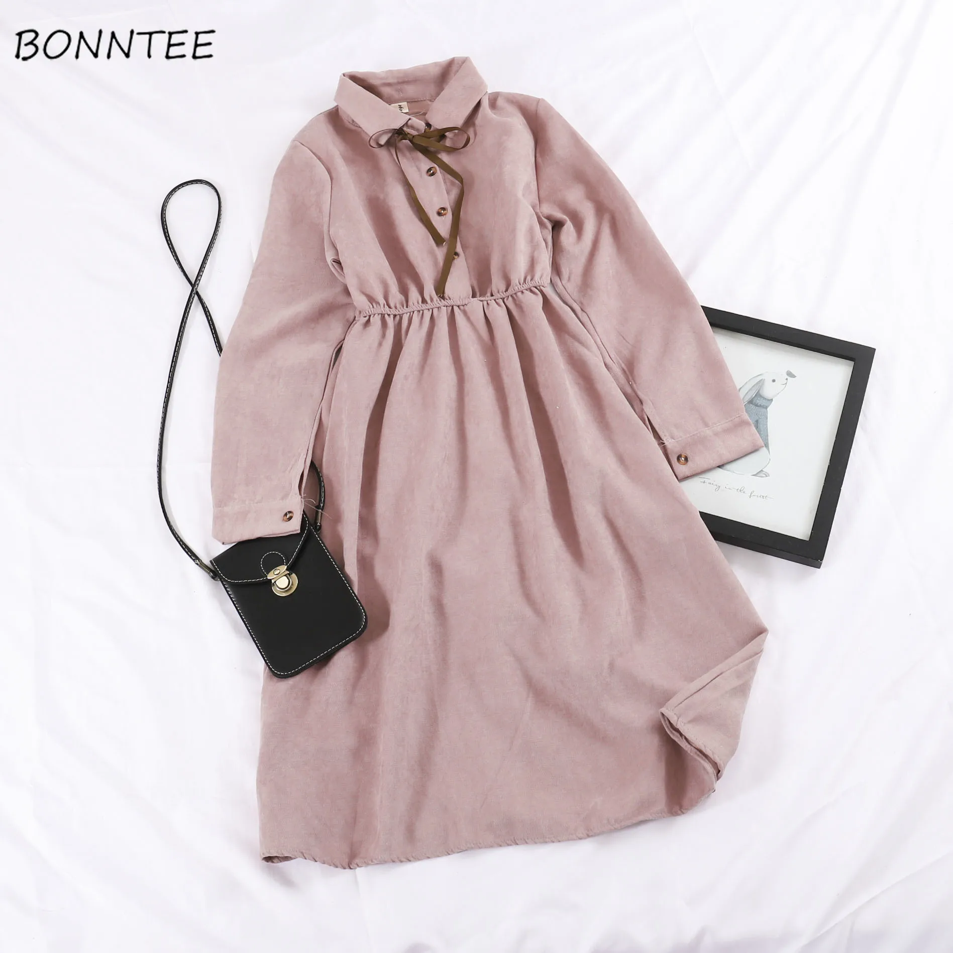 

Long Sleeve Dress Women Solid Bow Buttons Elegant Sweet Girls Womens Clothing Korean Style Harajuku All-match Student Streetwear