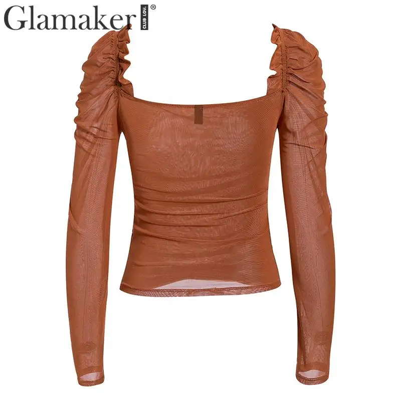 Glamaker, пышная блуза с длинным рукавом, Женская Сексуальная плиссированная блузка для ночного клуба, Женский шикарный сетчатый топ, уличная модная винтажная блуза с квадратным вырезом