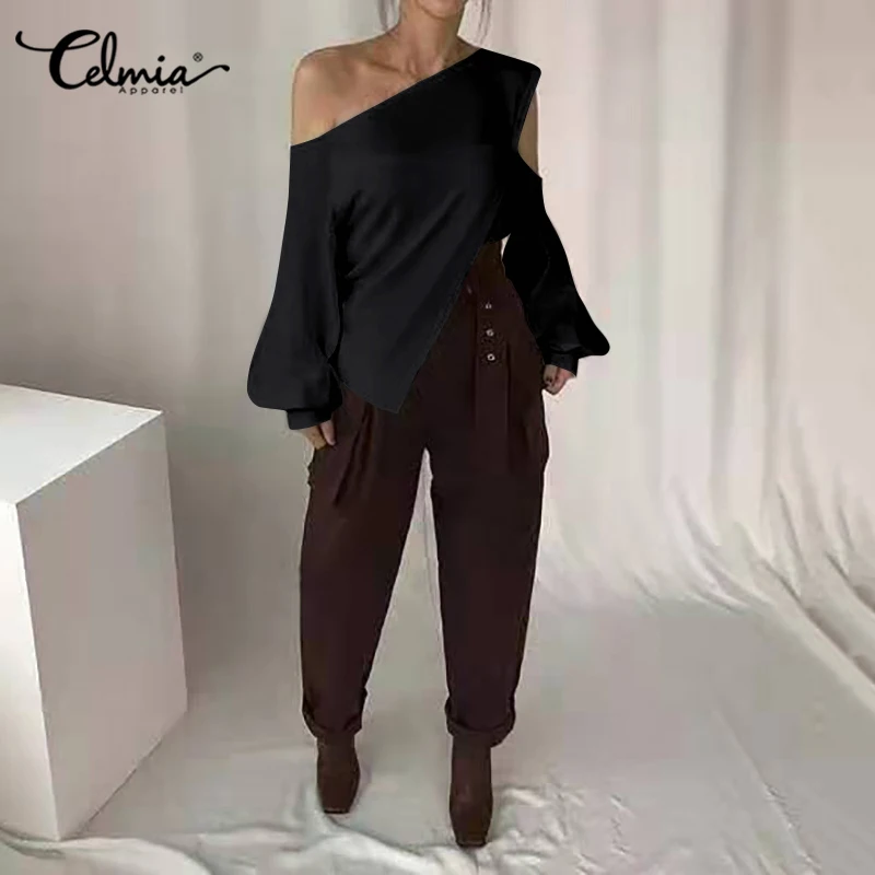 Модная Летняя женская блузка с длинным рукавом фонариком однотонная