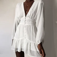 sexy plunge v neck womens summer dress white lace long sleeve mini wedding party dress ruffle elegant clothes 2021