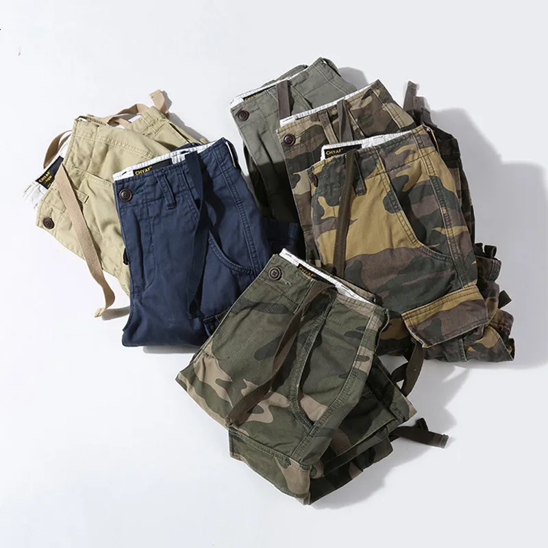 

2021 Summer New Men's Camouflage Shorts Multi-Pockets Cargo Pants 100% Cotton Overalls Casual Loose Shorts