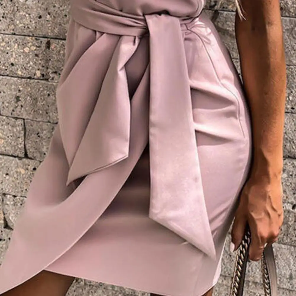 

2021 Fashion Women Dress Knee-length Dress Sleeveless Bodycon One Shoulder Solid Color Belt Dress Streetwear for Spring/Summer