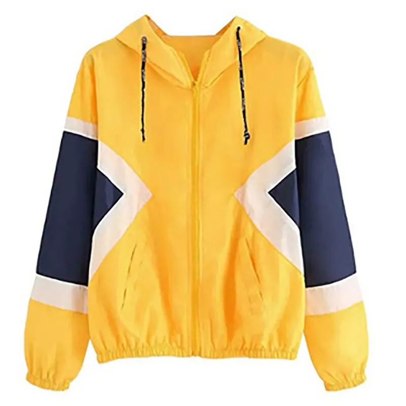 

Fashion Patchwork Hooded Windbreaker Jacket Women Color Block Zipper Jacket Fall Autumn Casual Coats Outerwear Raincoat