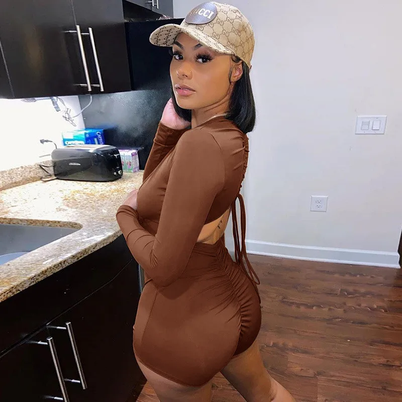 

Women Sexy Drawstring Pleated Bodycon Playsuit Sexy Hollow Out Backless Long Sleeve Jumpsuit Clubwear Female Bodysuit