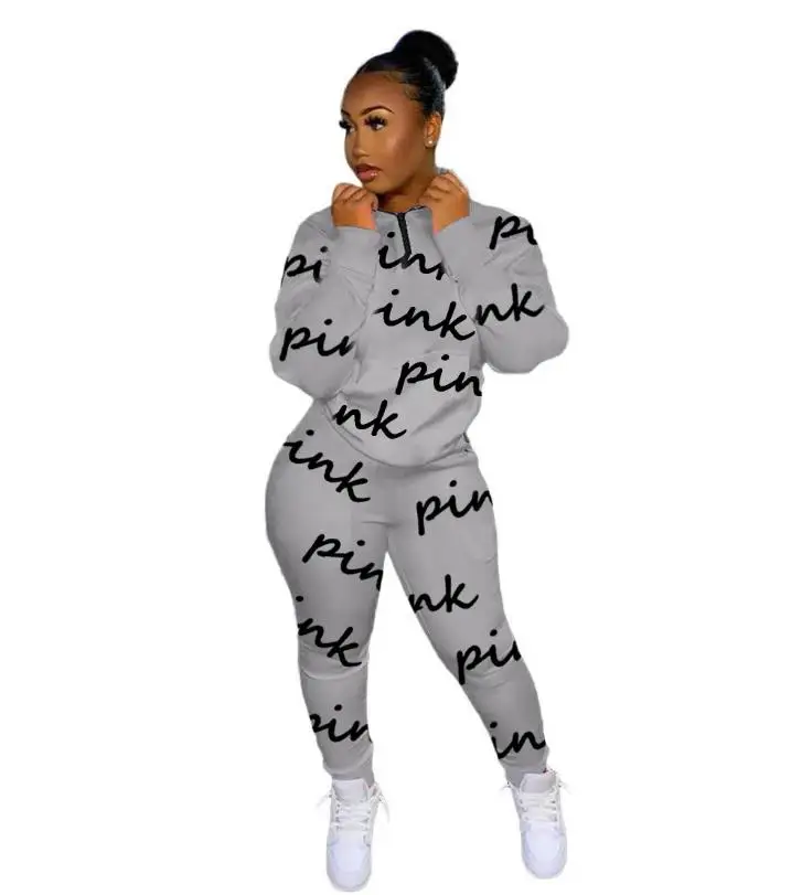 

Pink women print letter pullover tracksuit fashion two piece set women outfits suit long sleeve hoodies tops+pants ropa mujer