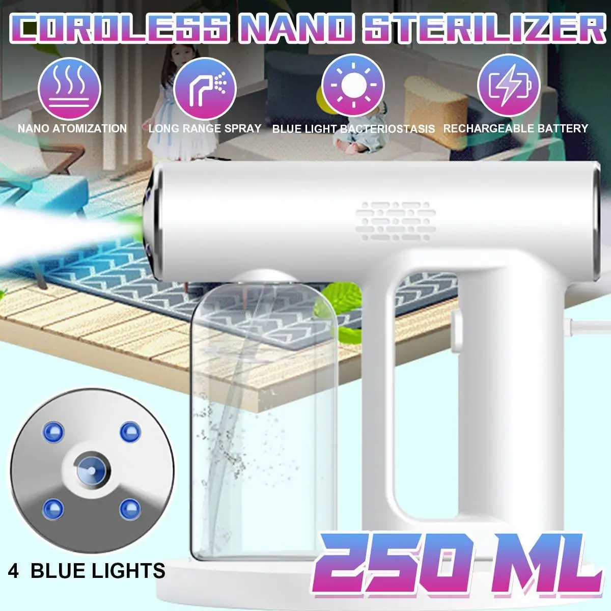

250ML USB Wireless Gun Nano Blue Light Disinfectant Sprayer Steam Atomizing Fogger Handheld Sterilization Nebulizers Spray