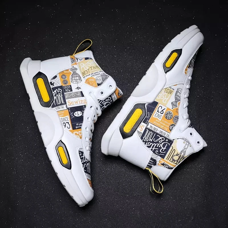High Top Sneakers Mens Shoes Zapatos De Hombres PU Leather Stylish Graffiti Men Casual Shoe | Обувь