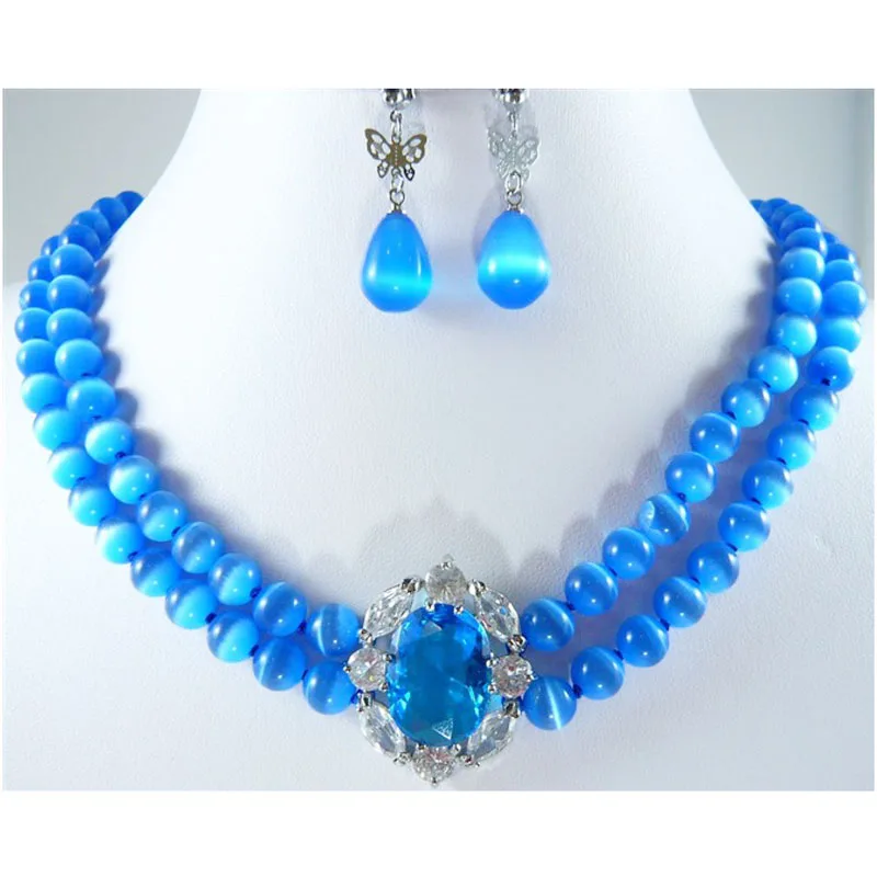 

Комплект из колье и серёг, Двухрядное ожерелье с бусинами из голубого опала, чокер с кристаллами циркония, массивный свадебный аксессуар