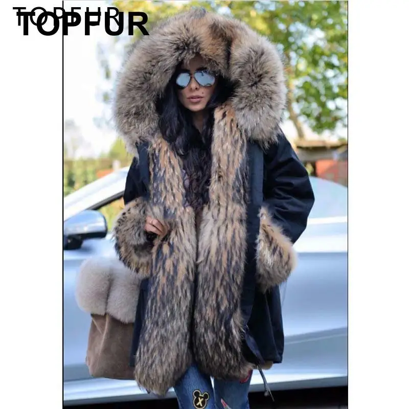 Женский пуховик с натуральным мехом енота на капюшоне черная парка Повседневная