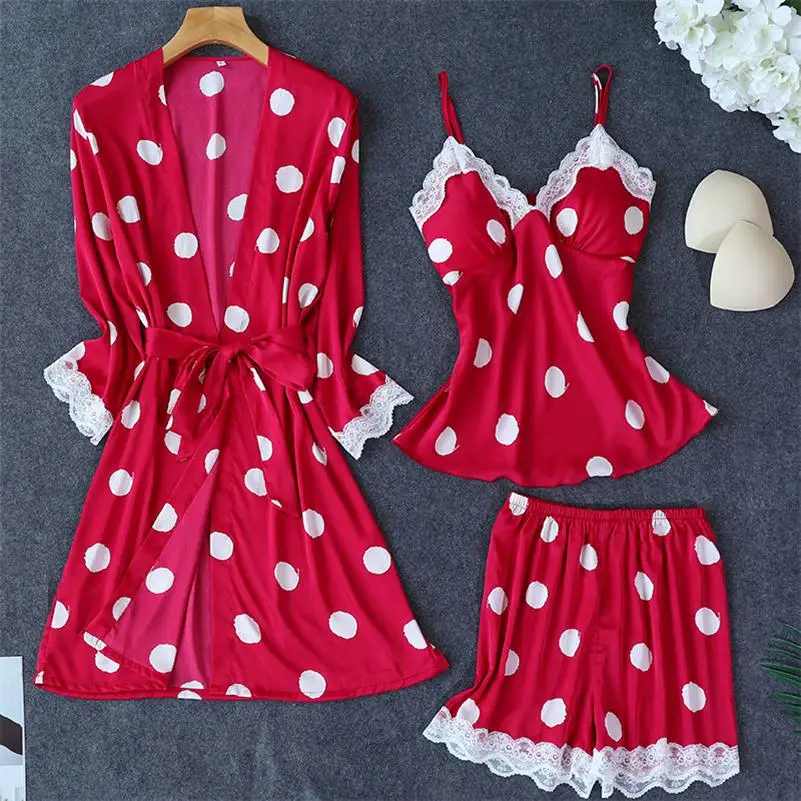 

Women Satin Sleepwear Polka Dot Pyjamas Women Silk Pajama Mujer Cute 4 Pieces Sets with Chest Pads Casual Pajama Sets