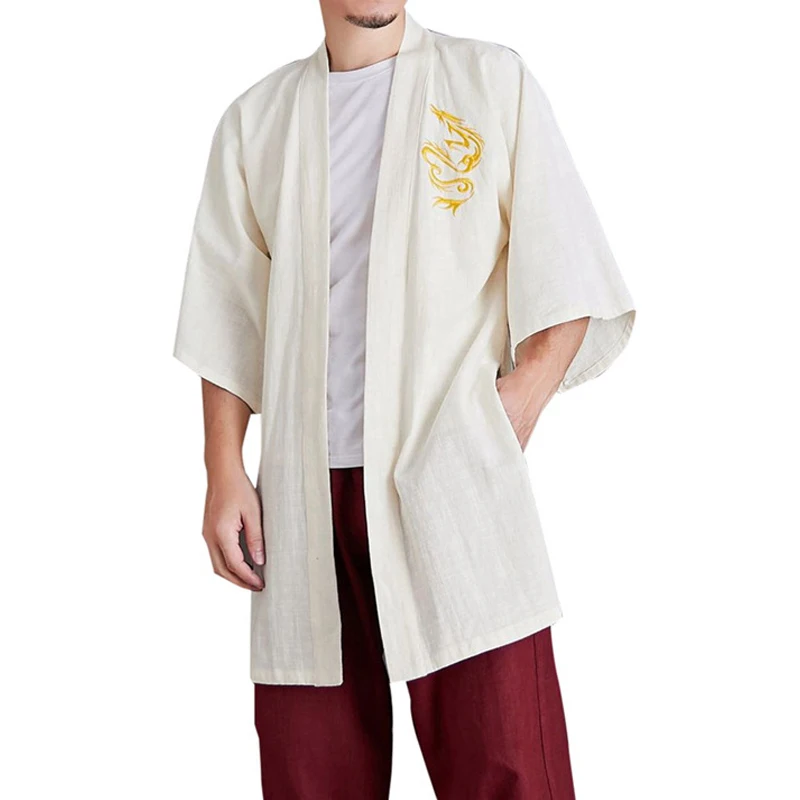 Мужские хлопковые льняные куртки Hanfu в китайском стиле костюм с вышивкой дракона