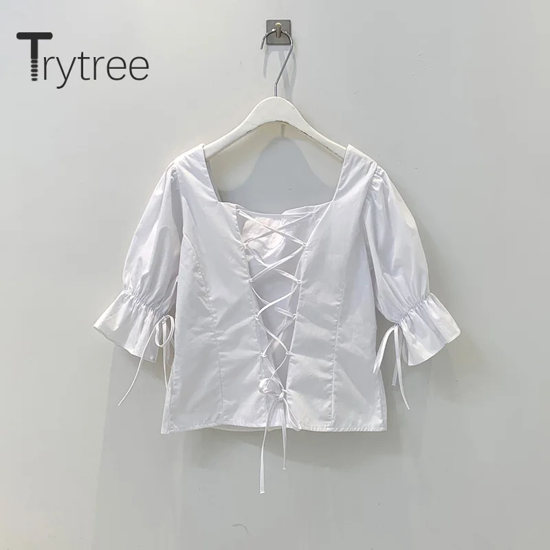 Trytree Женская Повседневная Блузка с квадратным воротником однобортная однотонная