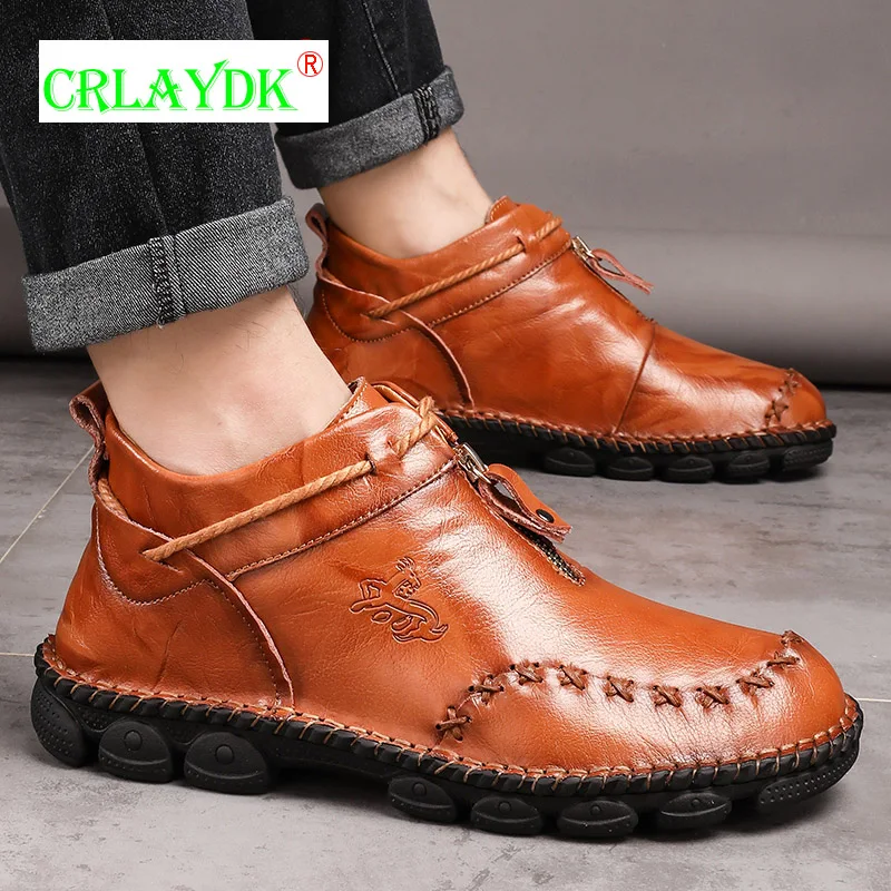 

CRLAYDK New Zipper Boots Fashion Men's Leather Ankle Casual Vintage Shoes Genuine Cowhide Outdoor Climbing High Top Sneakers
