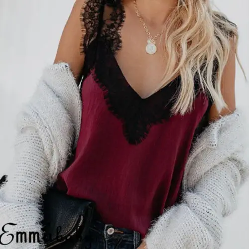 

2021 Sexy Camis Womens Sleeveless V Neck Tank Tops Cami Lace Casual Plain Summer Lady Camisole Shirts