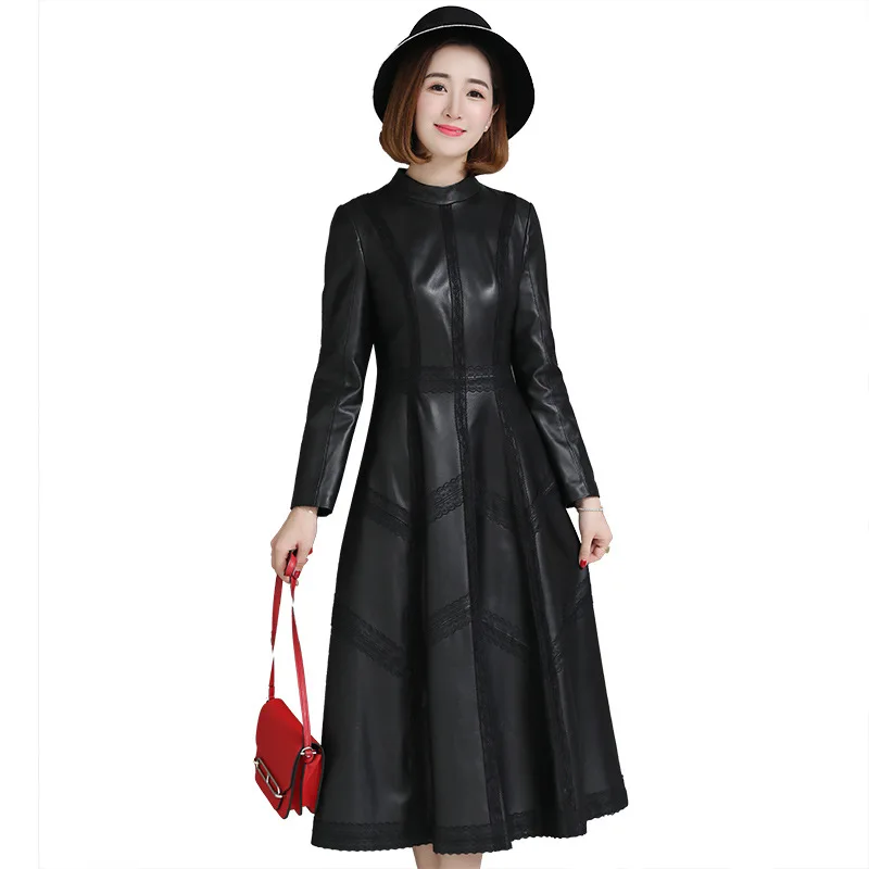 

Autumn New Sleepskin Genuine Leather Women's Long Lace Dress Spring Classic Warm Fashion A-Line Round Neck Black Dress