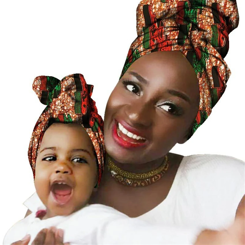 

24Color Adult Kids 100%Cotton African Fashion Headband Printed Rich Bazin Dress Mom and Daughter Clothing Dress Nigerian Headtie