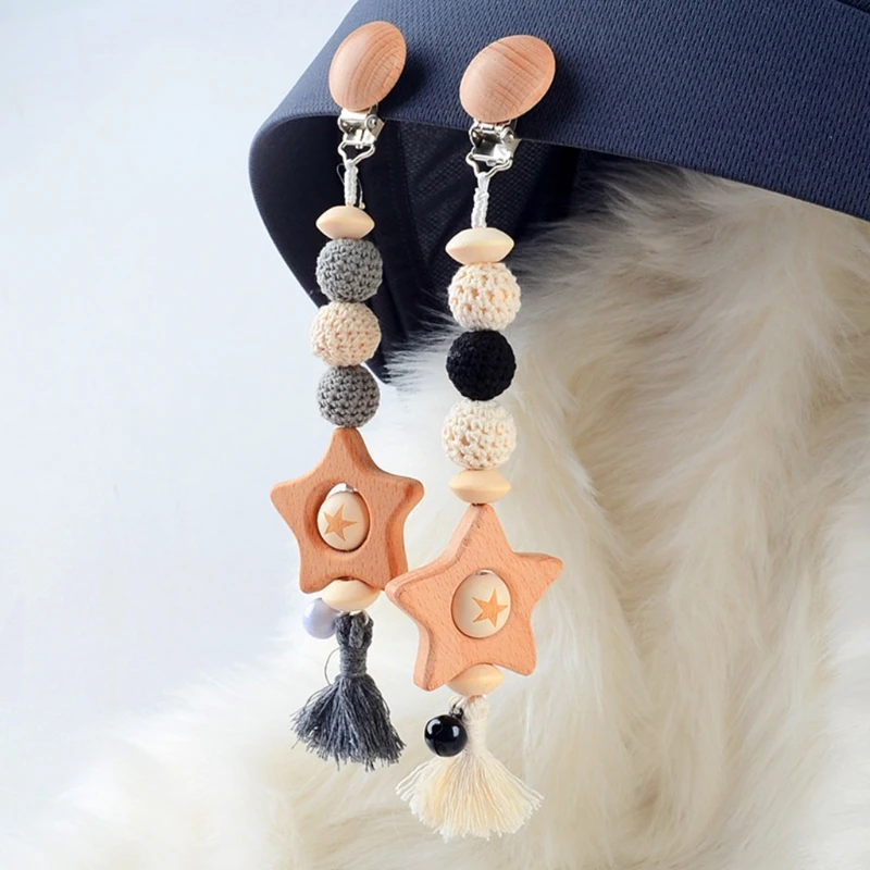 

Cute Baby Teether Wood Pacifier Clips Safe Teething Chain Ball Star Tassel Pendants Eco-friendly Dummy Clip Holder for Stroller