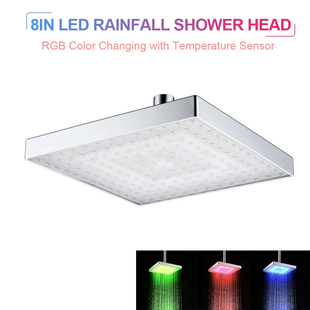 

2020 New LED Rainfall Shower Head Square Shower Head Automatically RGB Color-Changing Temperature Sensor Showerhead for Bathroom