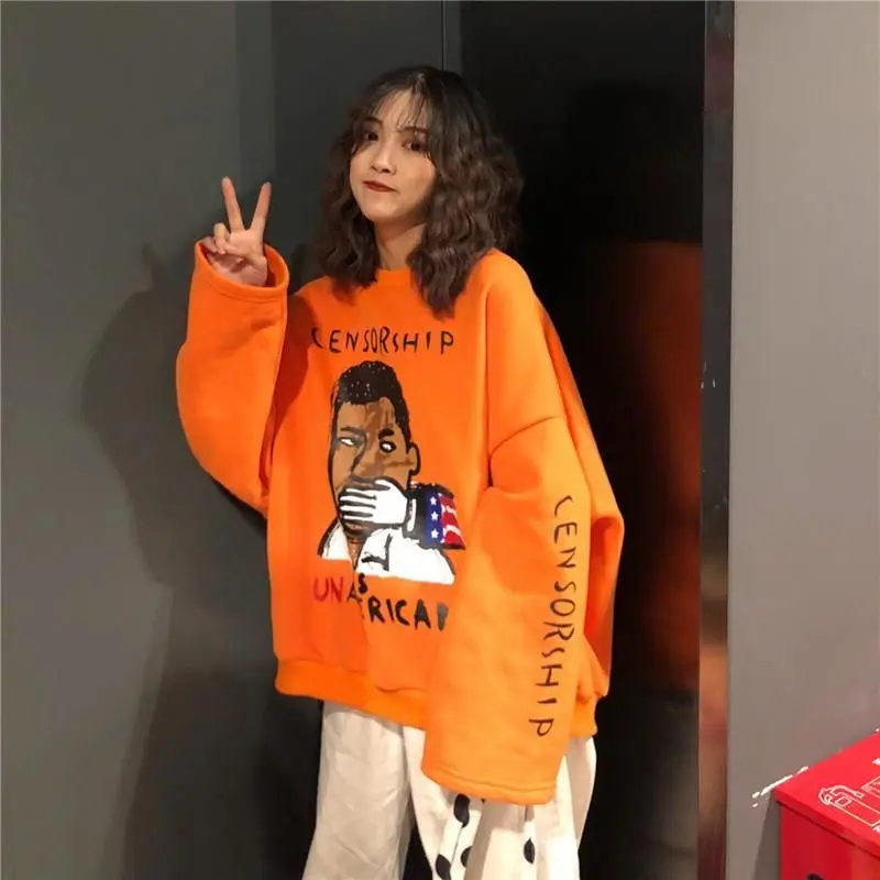 

Sweatshirts Autumn And Winter New Korean Version Harajuku Style Loose Plush Thickened Cartoon Print Funny Girl Student Coat