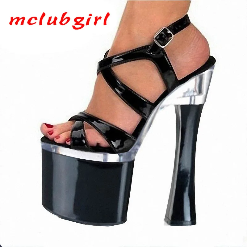 

Женские босоножки Mclubgirl, на очень высоком каблуке 18 см, на платформе, очень высокие римские босоножки, черные женские туфли, с кристаллами
