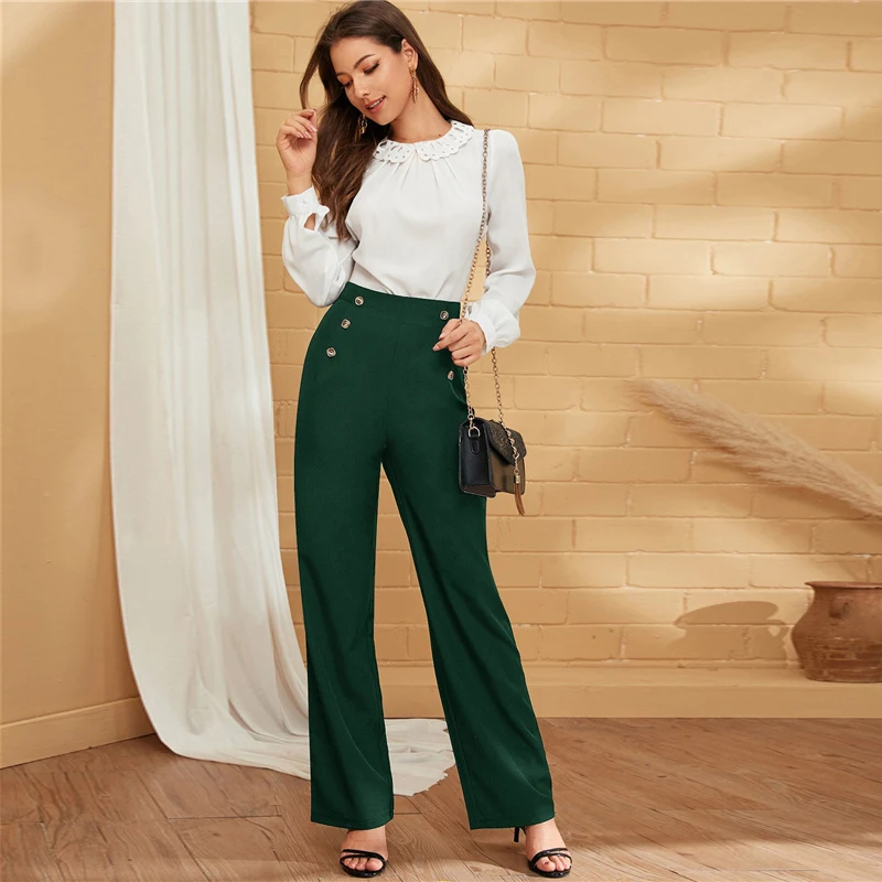 SHEIN Green двубортные прямые однотонные длинные брюки женские осенние с высокой талией прямые элегантные офисные платья Брюки