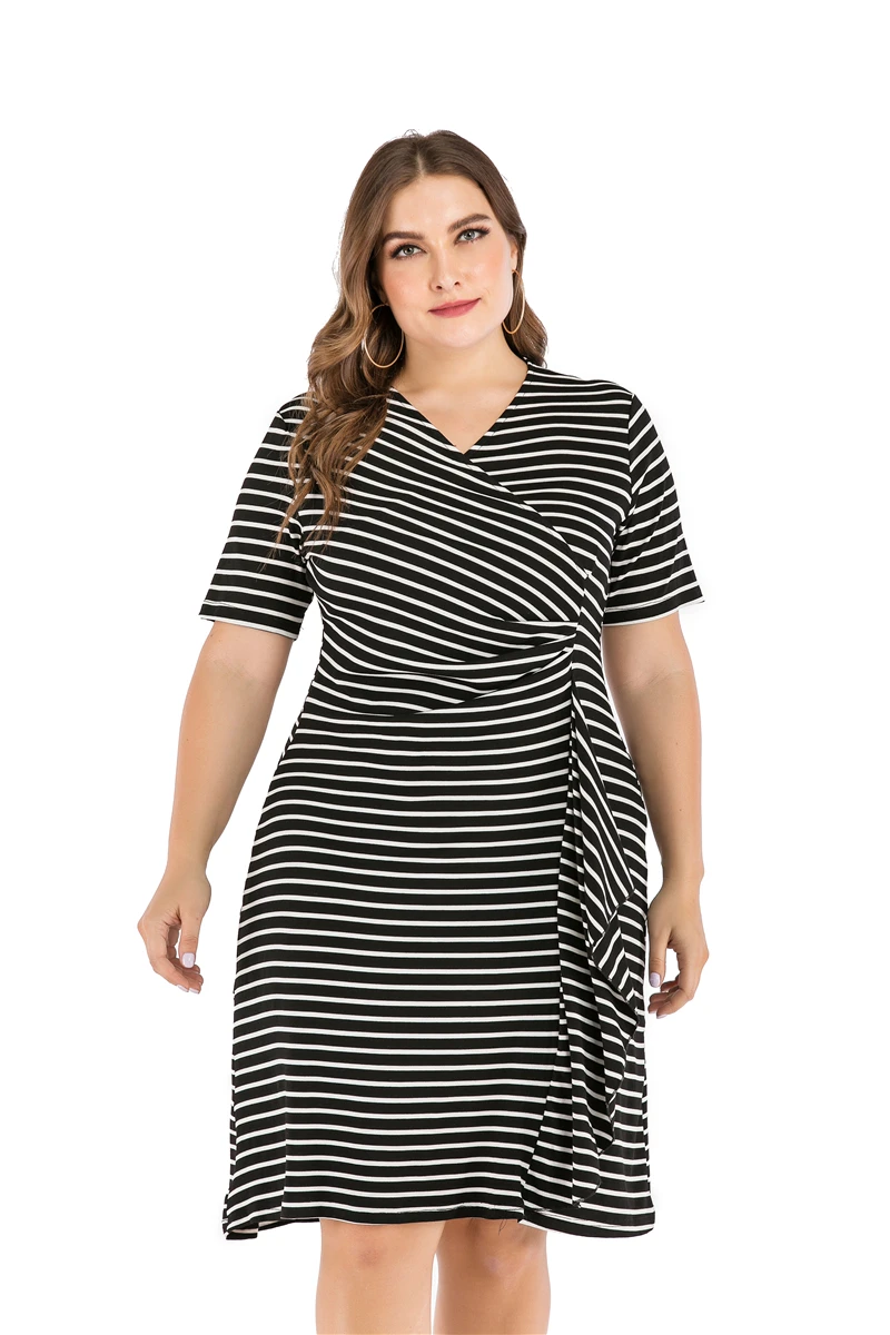 

causal plus size dress women summer striped short sleeve dress v neck cotton large size dress for woman