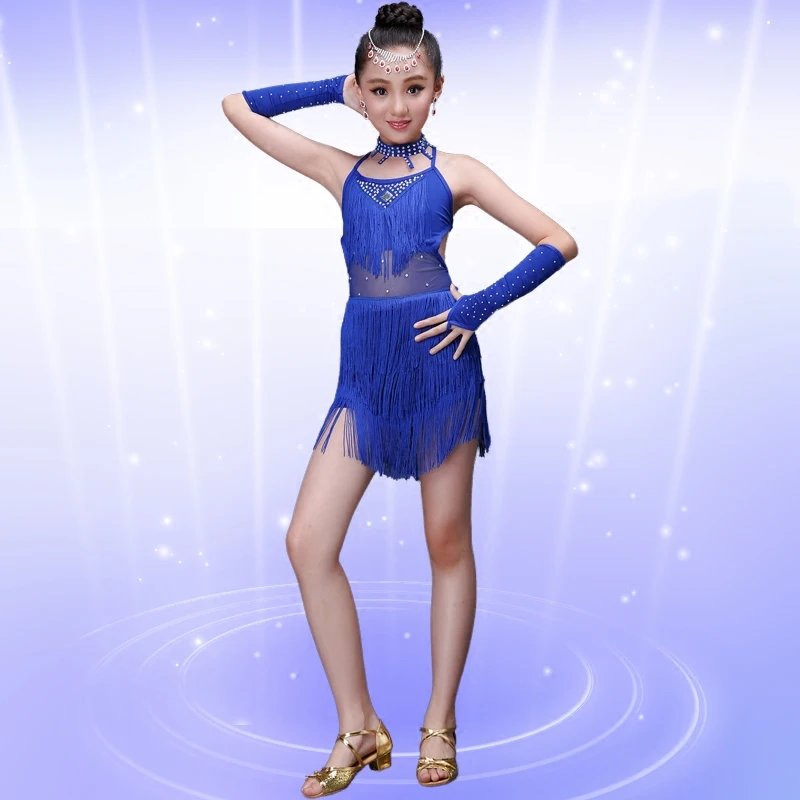 Дети сальса платья с блестками для латинских платье танцев девочек бахромой