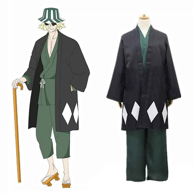 

Аниме отбеливатель Косплей Урахара Kisuke Gotei 13 костюм кимоно костюм на Хэллоуин полный костюм (накидка, топы, брюки, шляпа и парик)